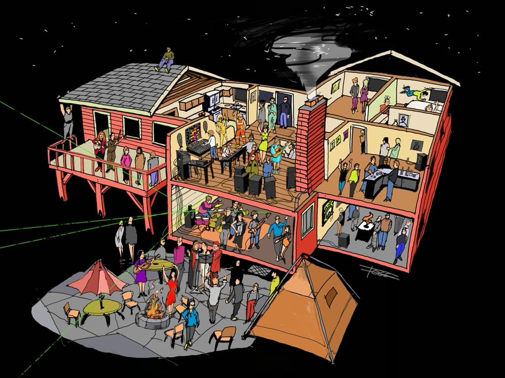 Illustration of a party at Studio Carquinez by Peter Fogg